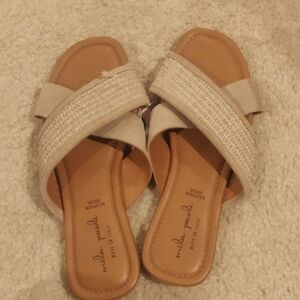 Mila Paoli Leather and Raffia Cross Strap Sandals Flip Flops Sz 8 - Tan